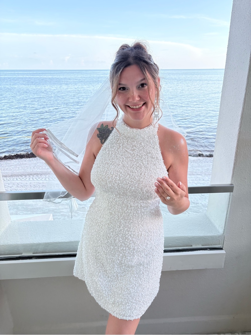 Chic White Halter Mini Bridal Dress